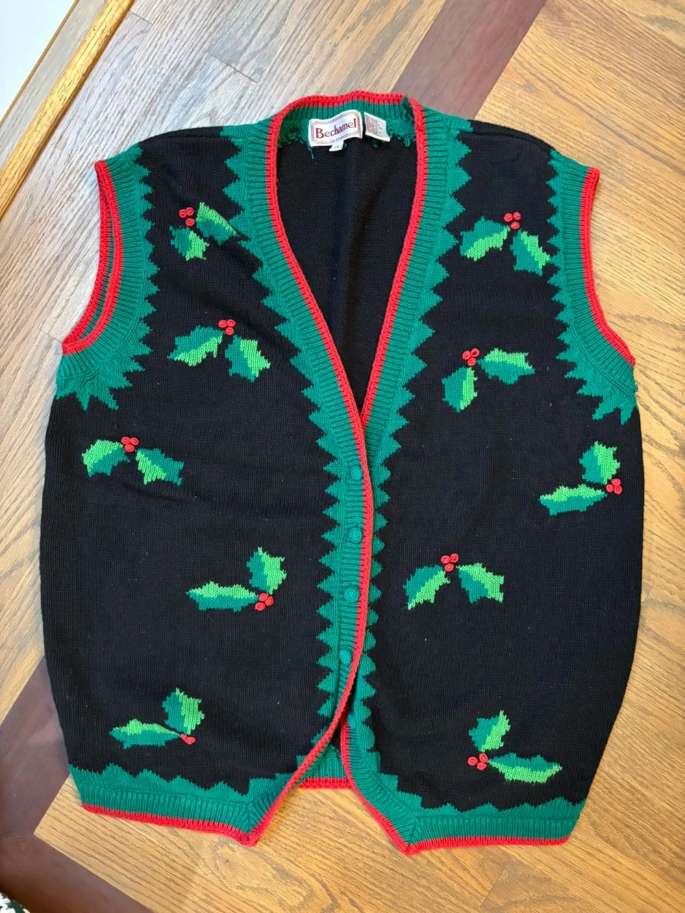 Vintage Bechamel Christmas Holly Sweater Vest Size 1X Black Red Green
